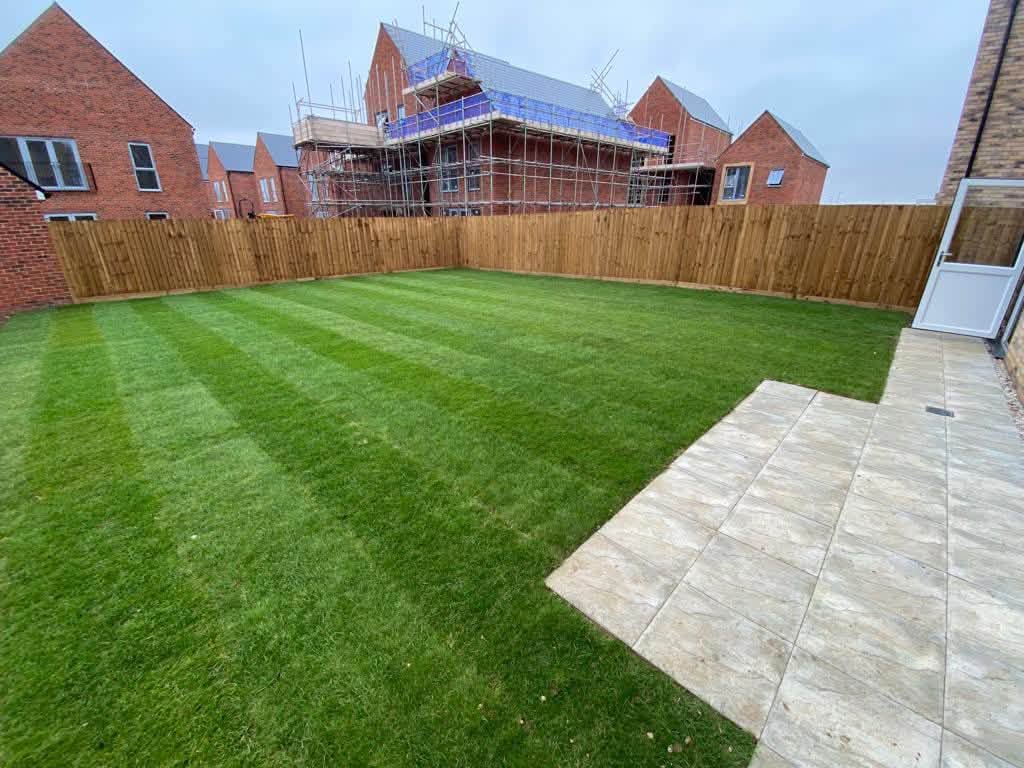 New turf lawn beside a porcelain patio and timber fencing