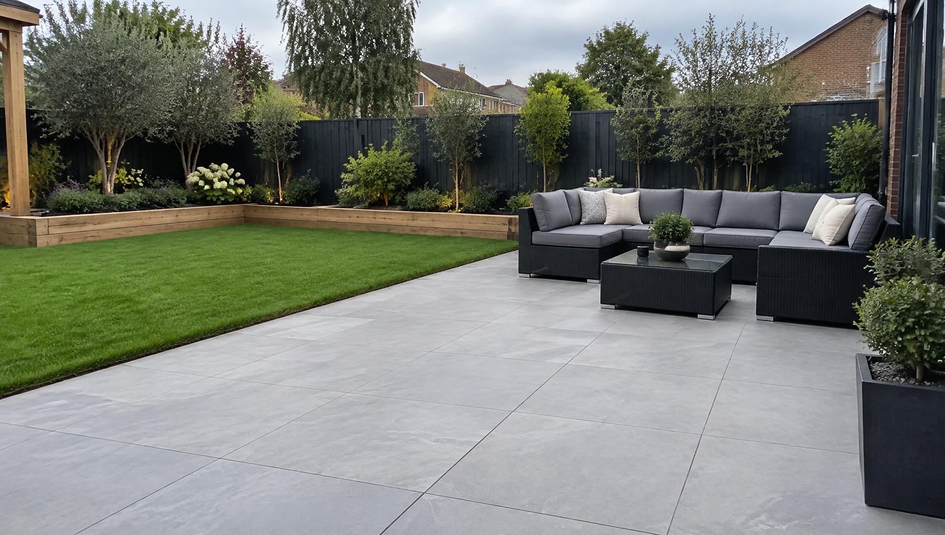 Contemporary patio and landscaped garden inspiration
